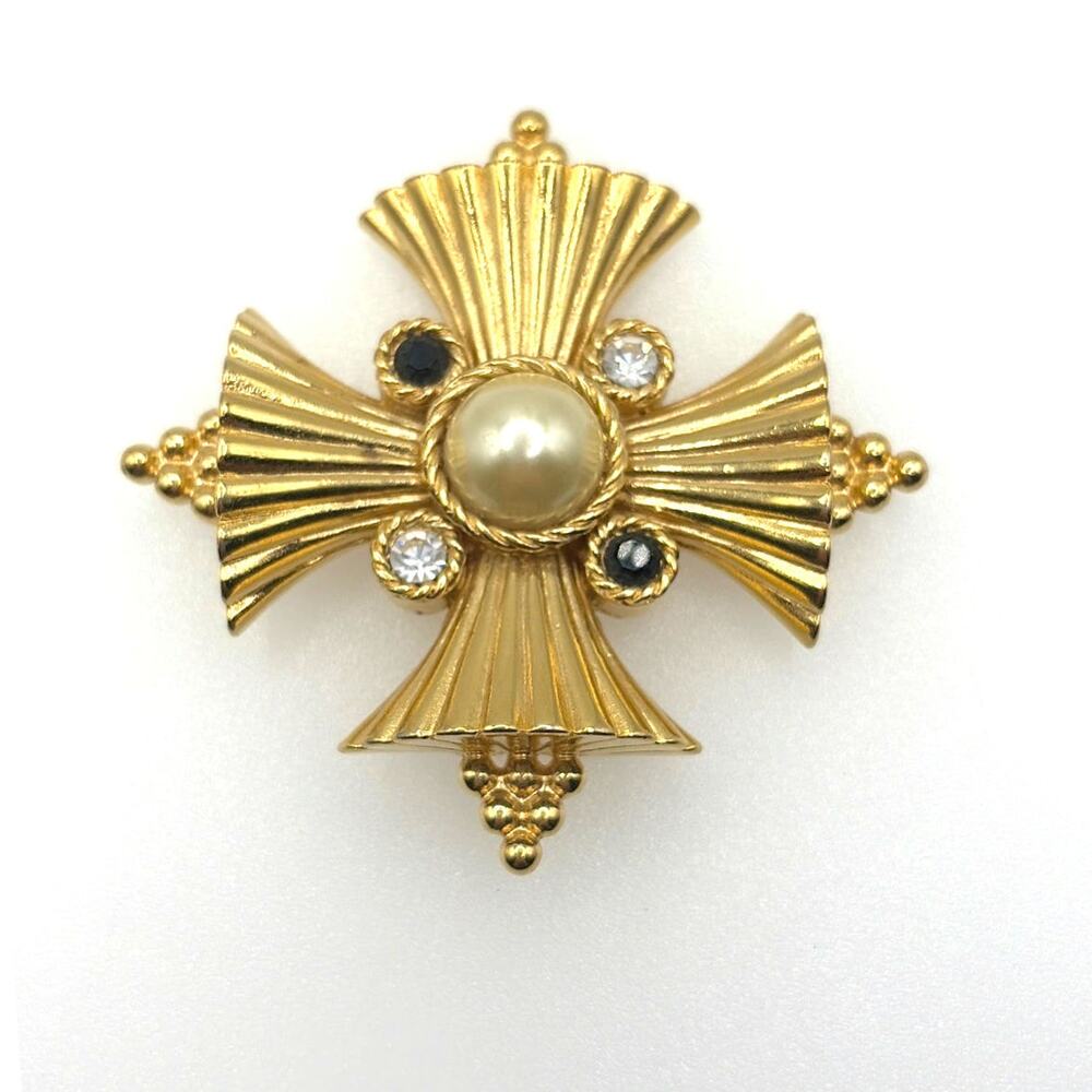 Maltese Cross Vintage Brooch and convertible Pendant With Rhinestones 2.5”
